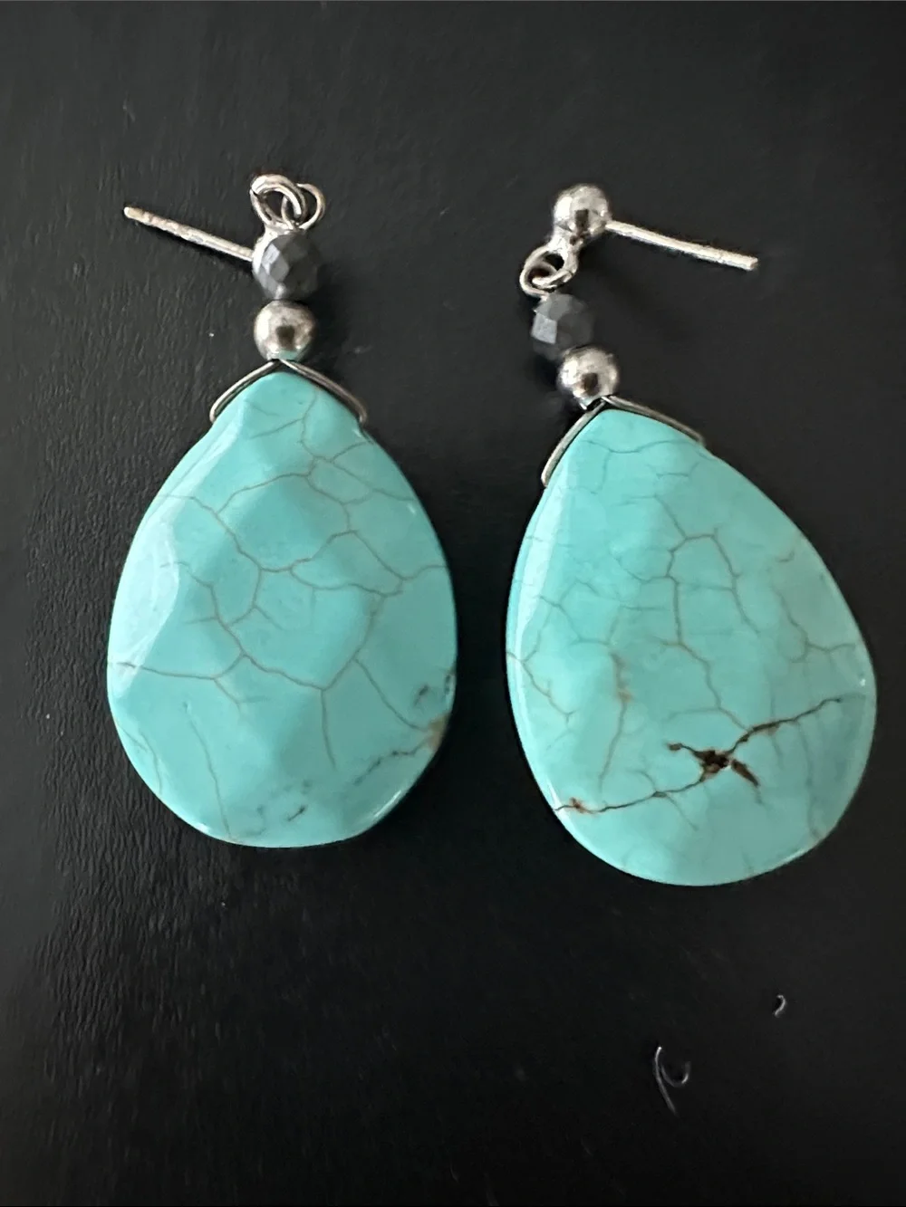 Turquoise Teardrop Dangle Earrings - Blue Stone Drop Earrings 1 3/4 drop